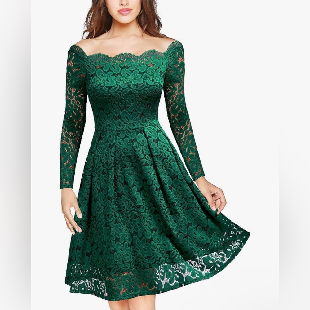 NWT Women’s Vintage Floral Lace Long Sleeve Boatneck Cocktail Swing dress